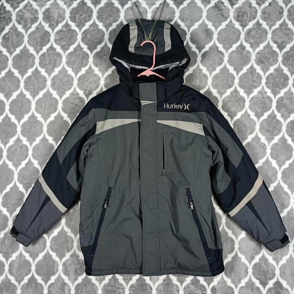 Hurley Boys Snow Jacket Medium Gray Black Hooded Insulated Youth Tween